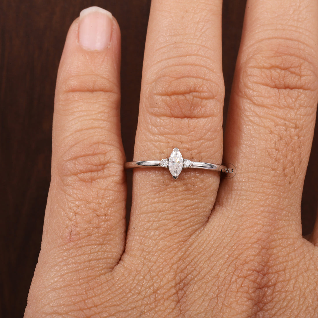 Three Stone Lab Grown Diamond Engagement Ring,Marquise & Round