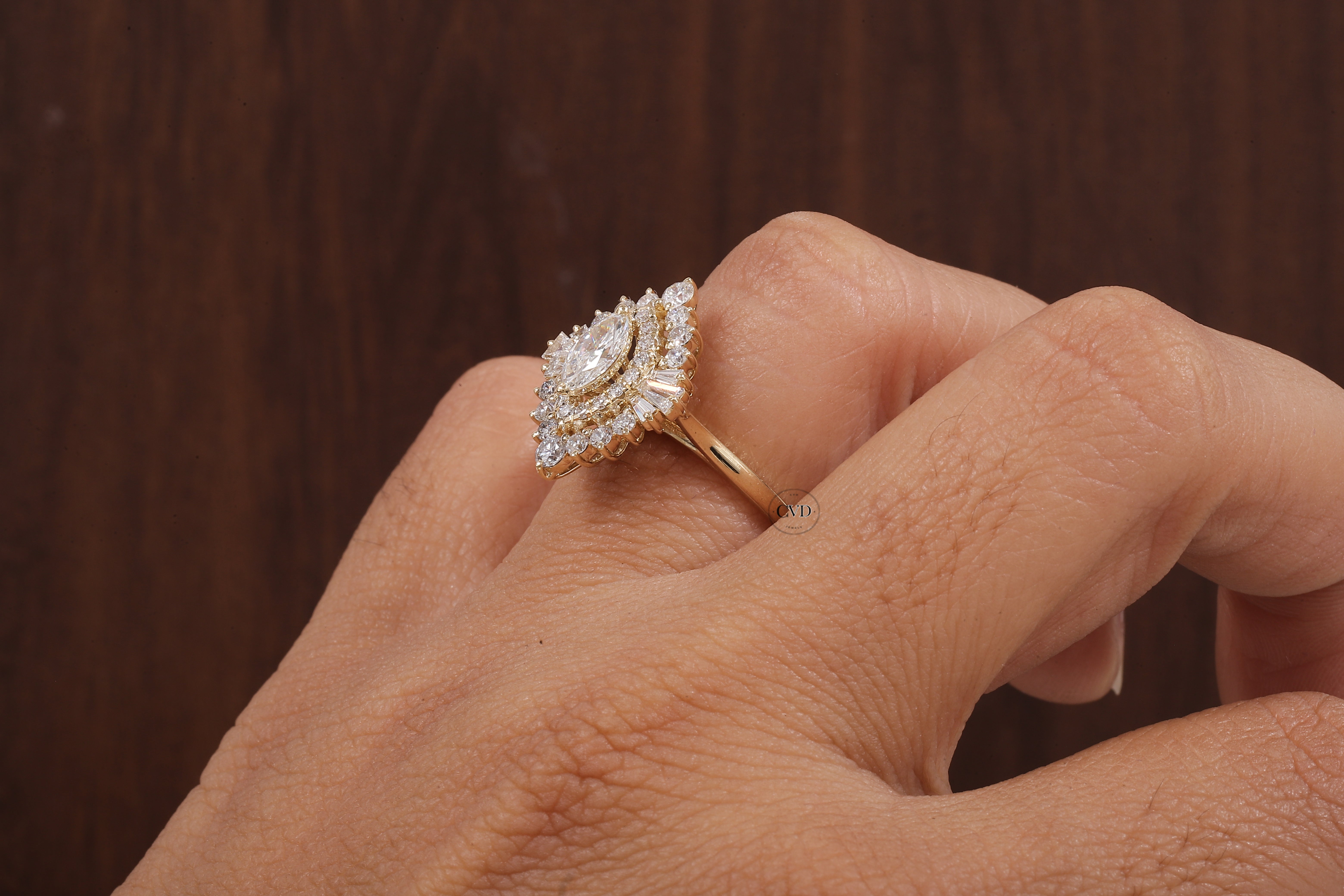 Marquise Lab Grown Diamond Ring Cluster Set Engagement Ring Tapered Baguette
