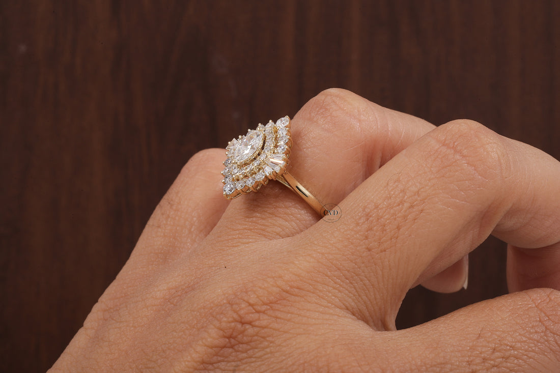 Marquise Lab Grown Diamond Ring Cluster Set Engagement Ring Tapered Baguette