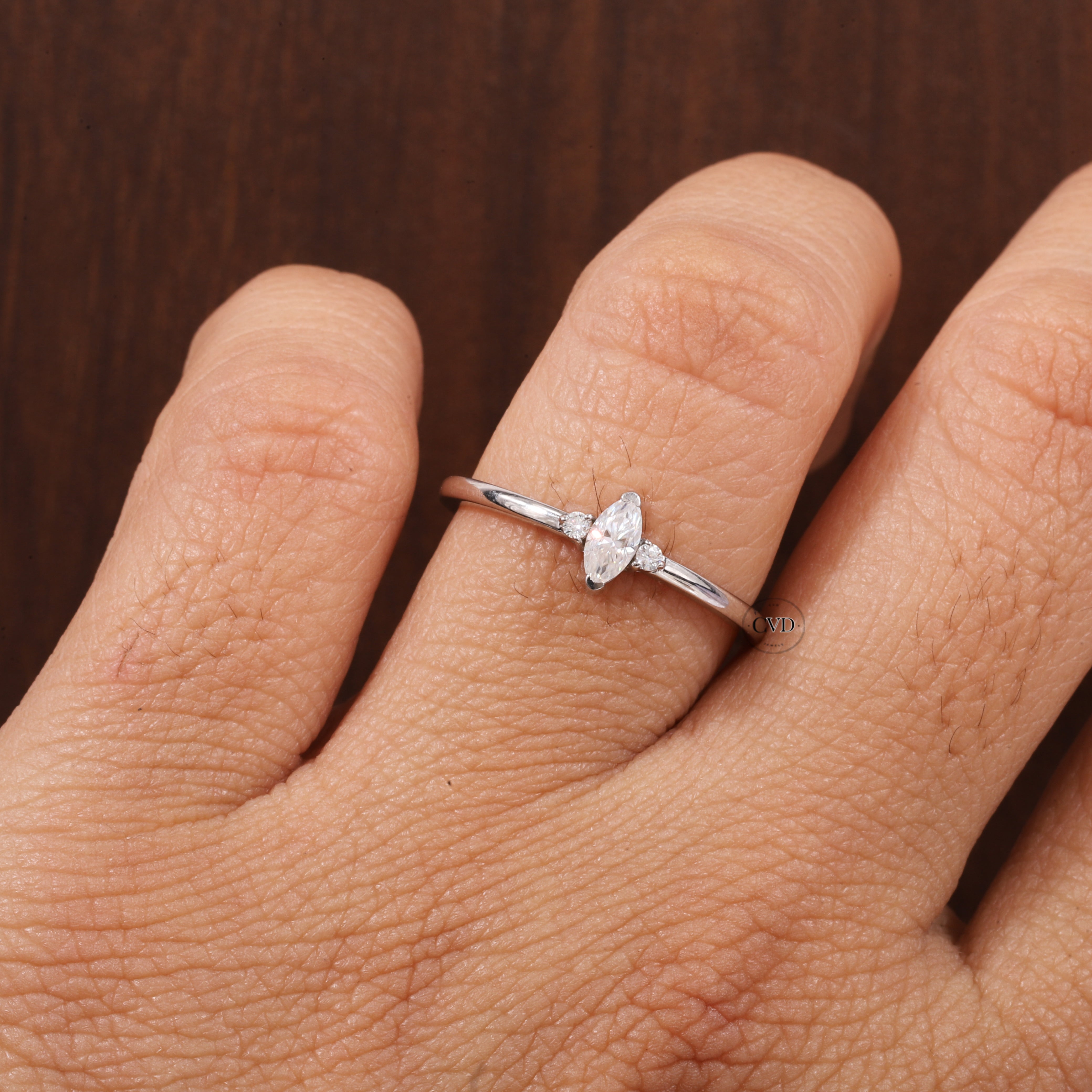 Three Stone Lab Grown Diamond Engagement Ring,Marquise & Round