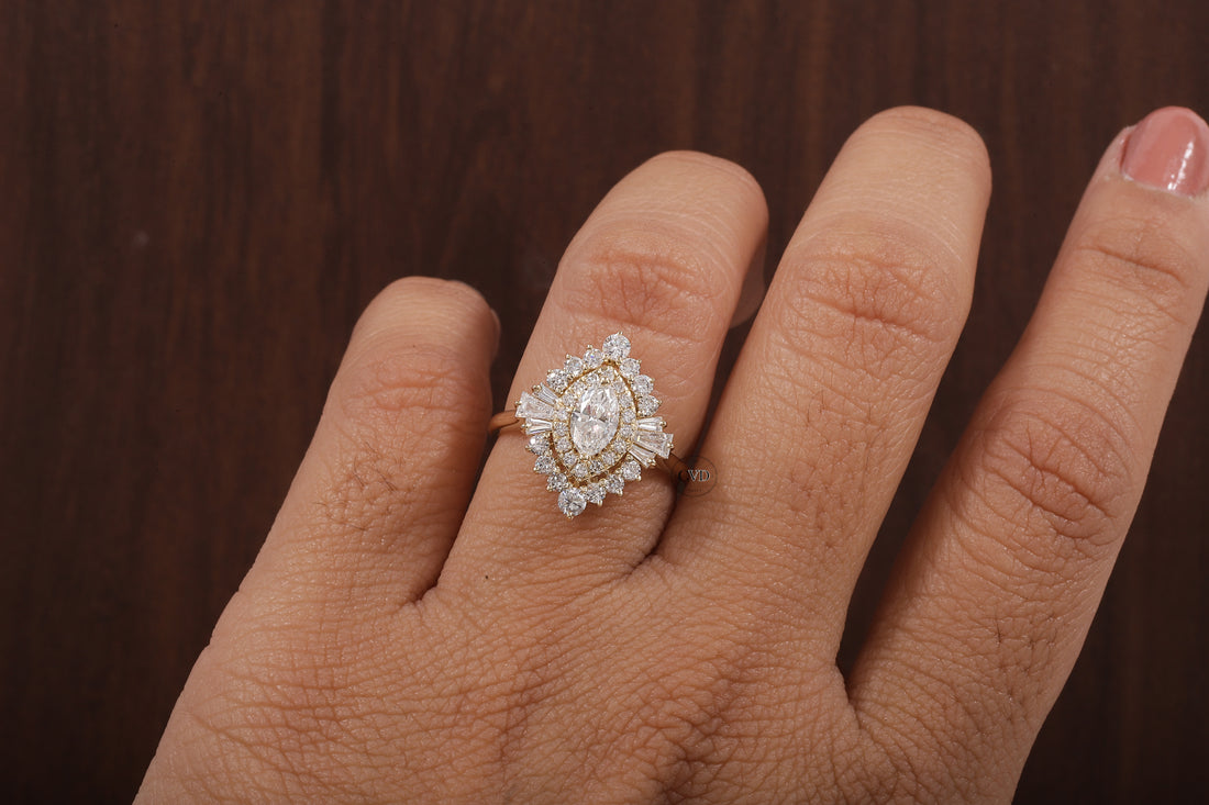 Marquise Lab Grown Diamond Ring Cluster Set Engagement Ring Tapered Baguette