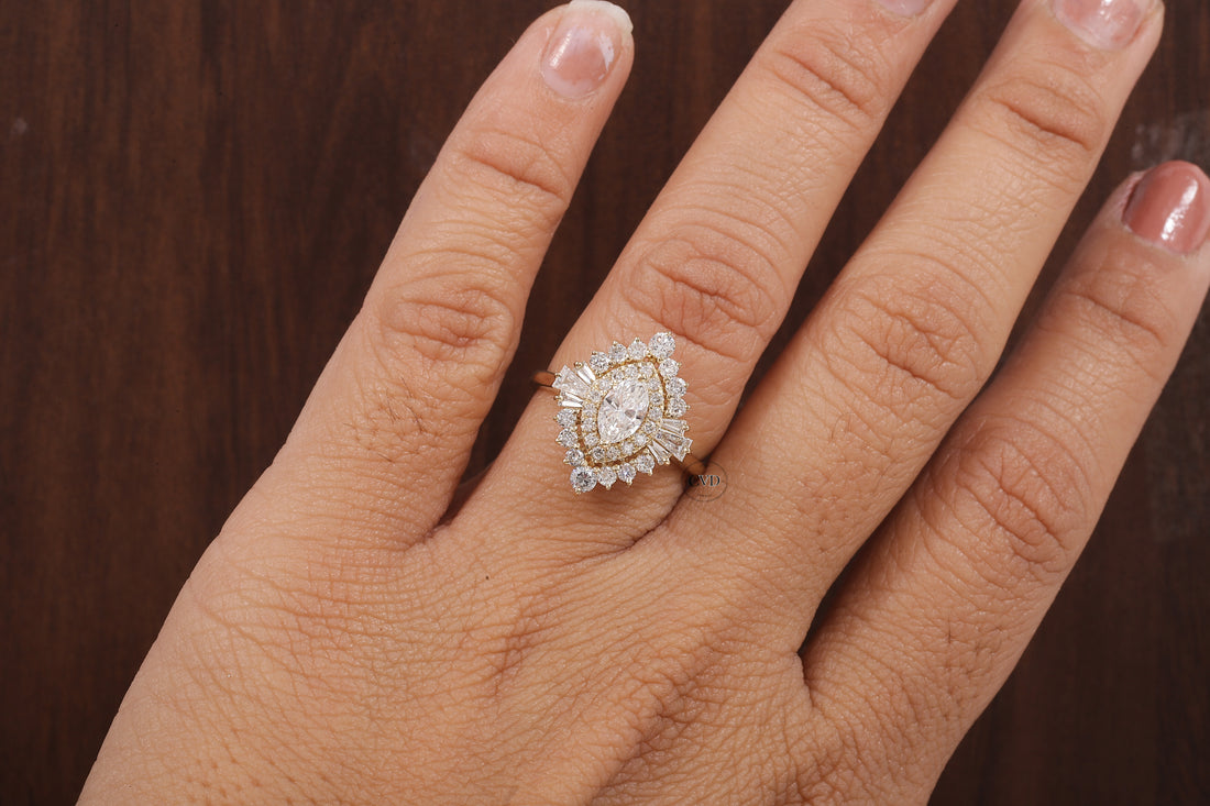 Marquise Lab Grown Diamond Ring Cluster Set Engagement Ring Tapered Baguette