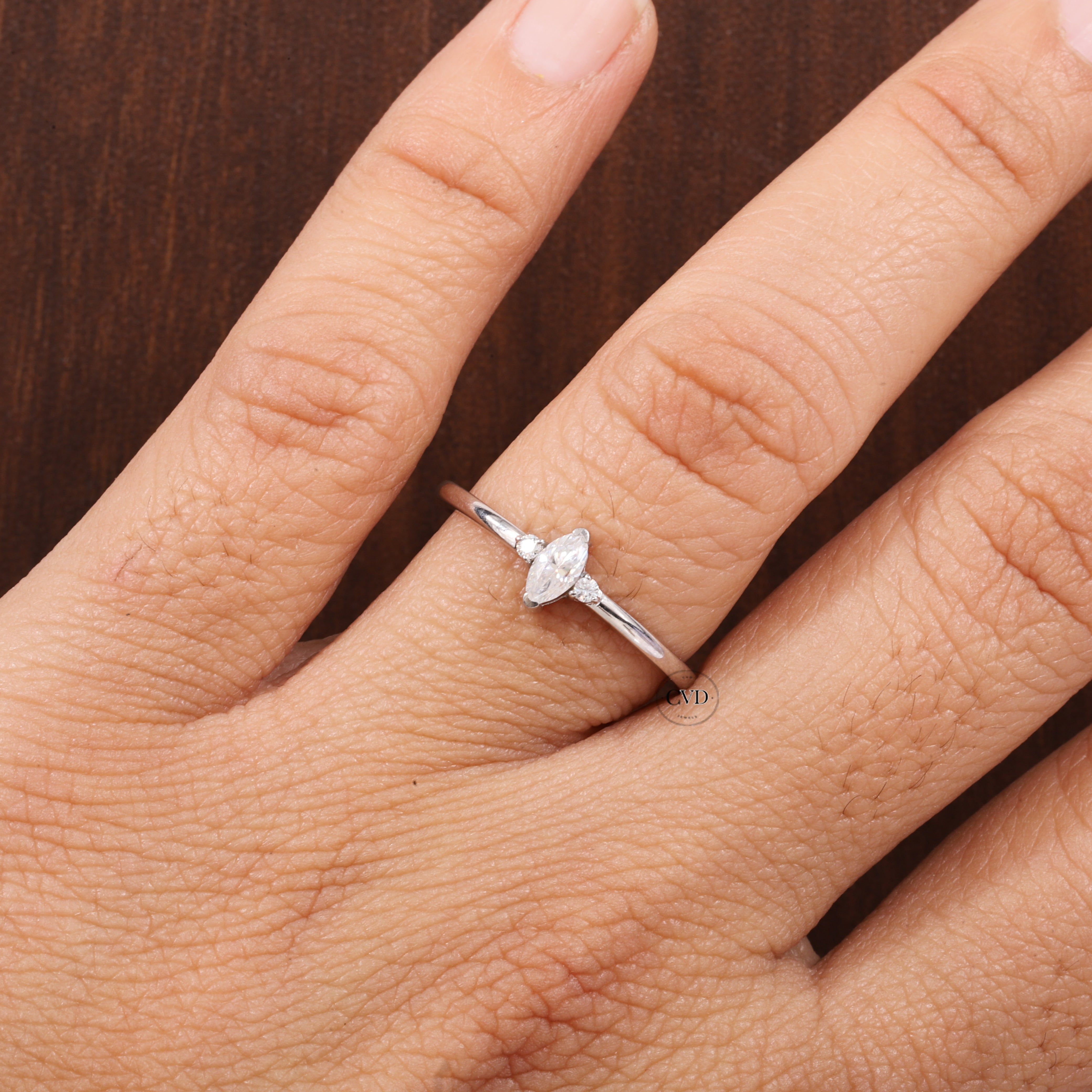 Three Stone Lab Grown Diamond Engagement Ring,Marquise & Round
