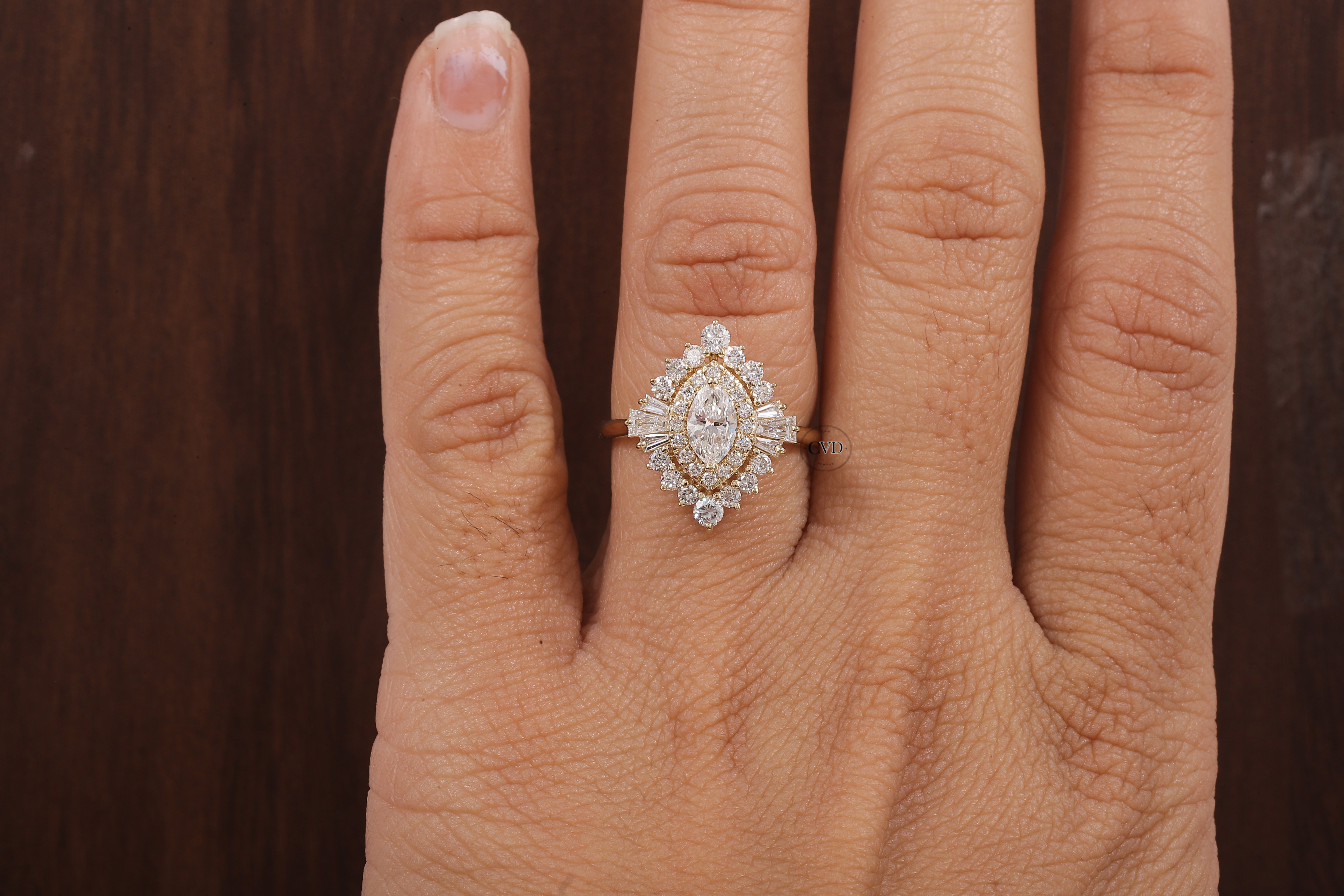 Marquise Lab Grown Diamond Ring Cluster Set Engagement Ring Tapered Baguette