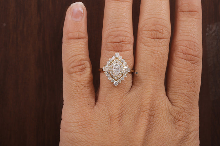 Marquise Lab Grown Diamond Ring Cluster Set Engagement Ring Tapered Baguette