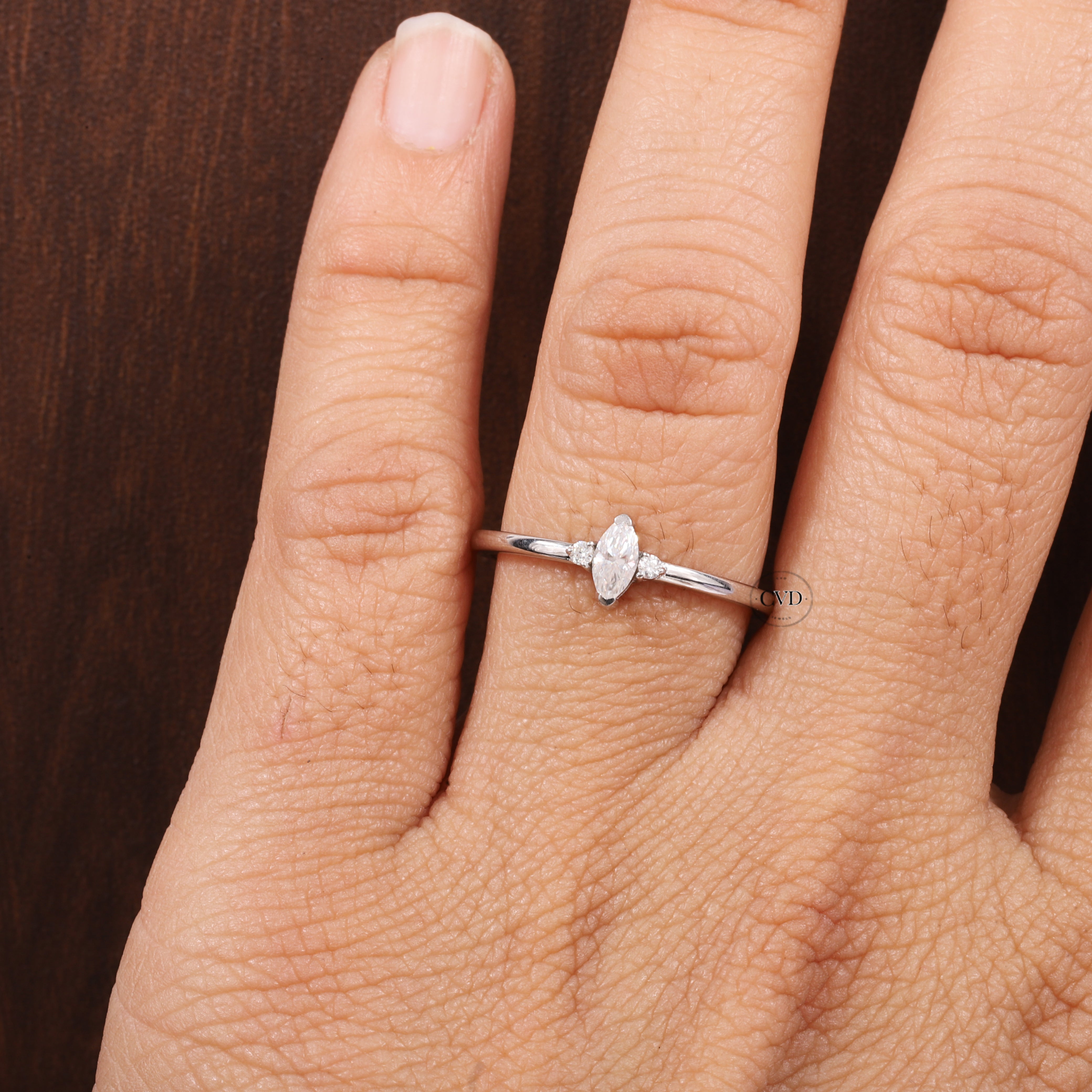 Three Stone Lab Grown Diamond Engagement Ring,Marquise & Round