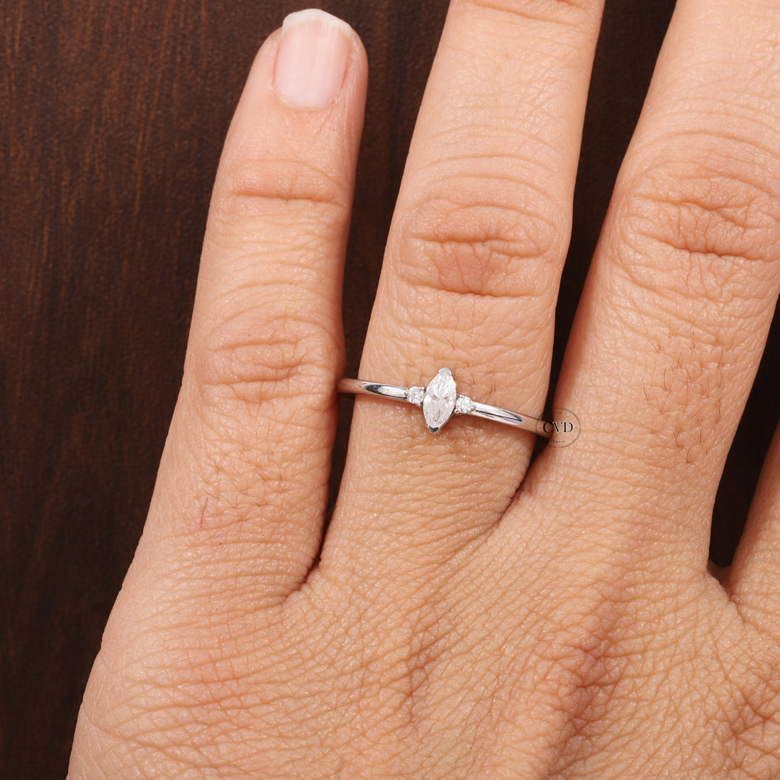 Three Stone Lab Grown Diamond Engagement Ring,Marquise & Round