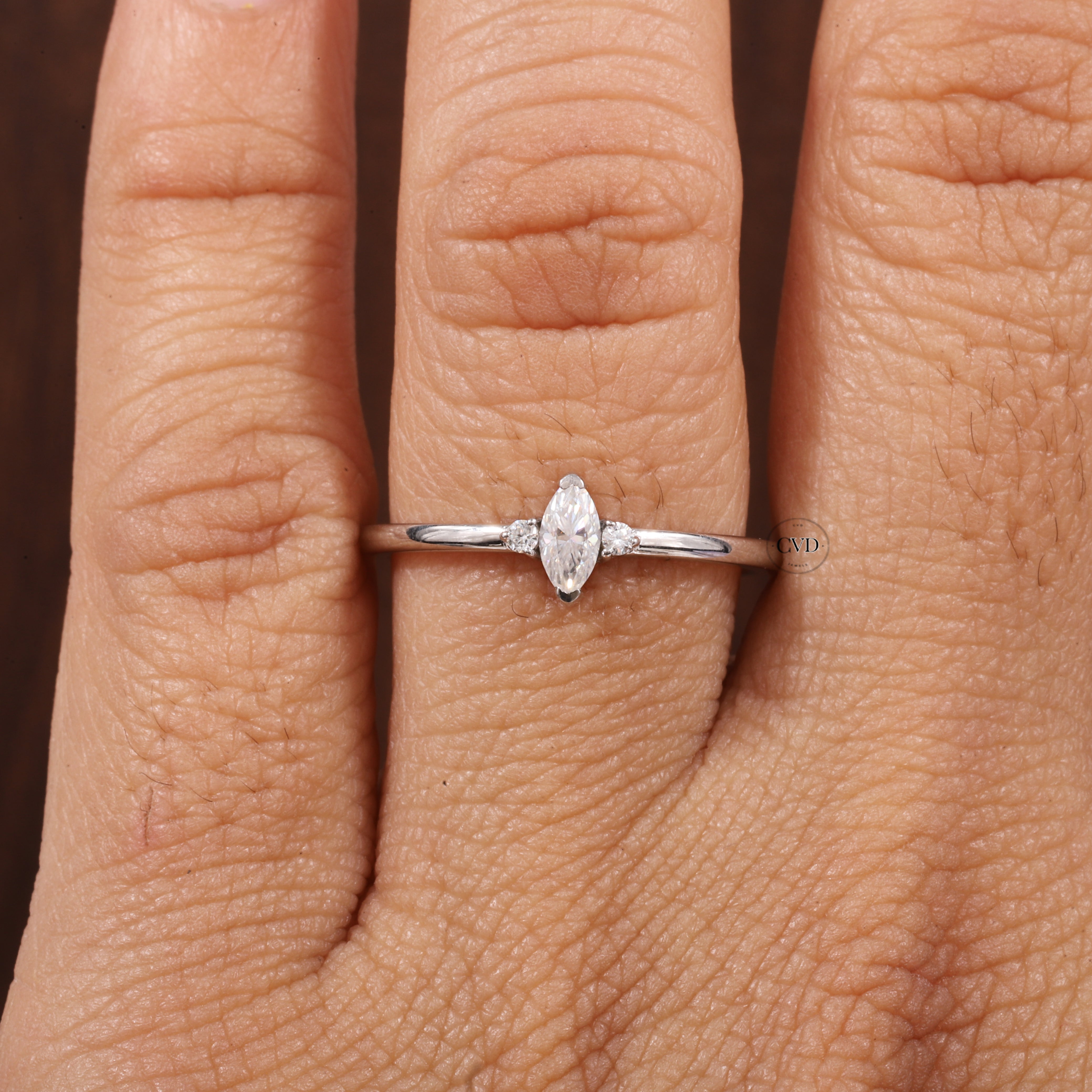 Three Stone Lab Grown Diamond Engagement Ring,Marquise & Round