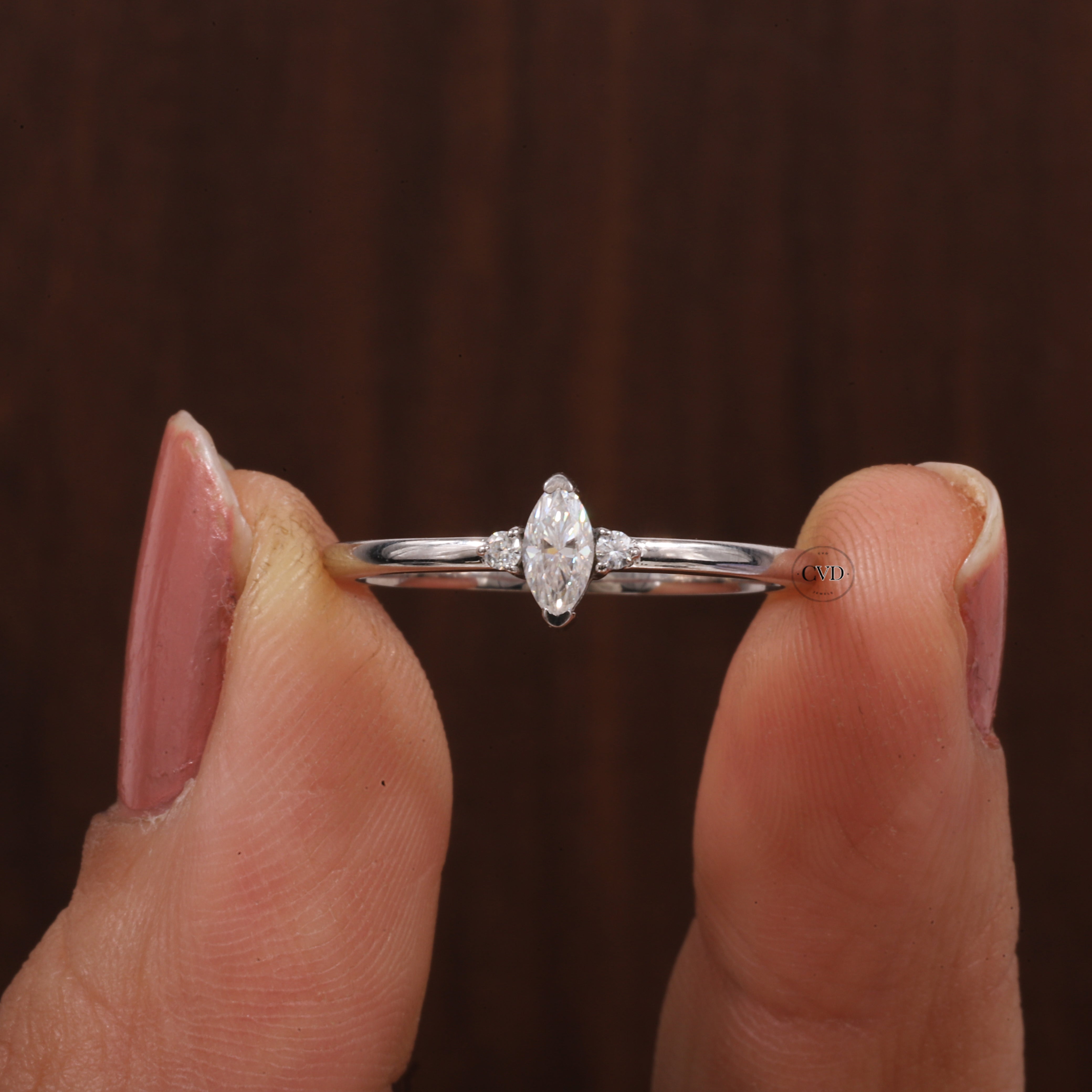 Three Stone Lab Grown Diamond Engagement Ring,Marquise & Round