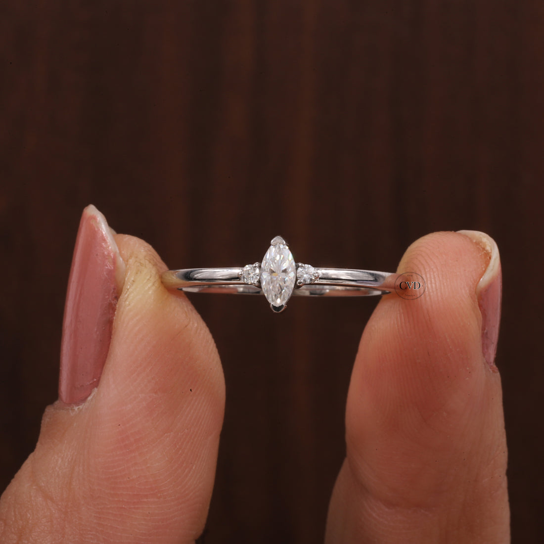 Three Stone Lab Grown Diamond Engagement Ring,Marquise & Round