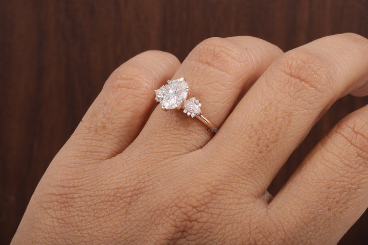 2ct Oval Cut Moissanite Engagement Ring, Oval Moissanite with side Pear Ring