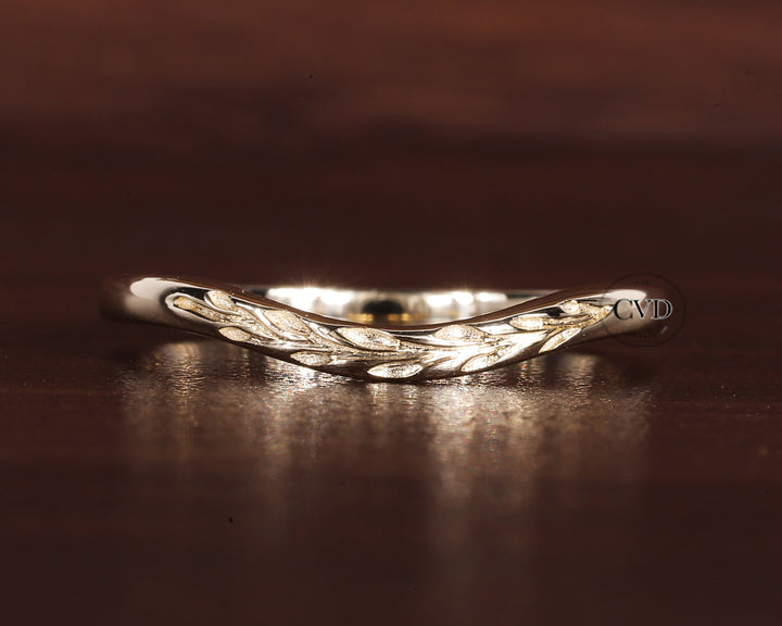 Antique Wedding curved band yellow gold ring|bridal Promise Leaf ring