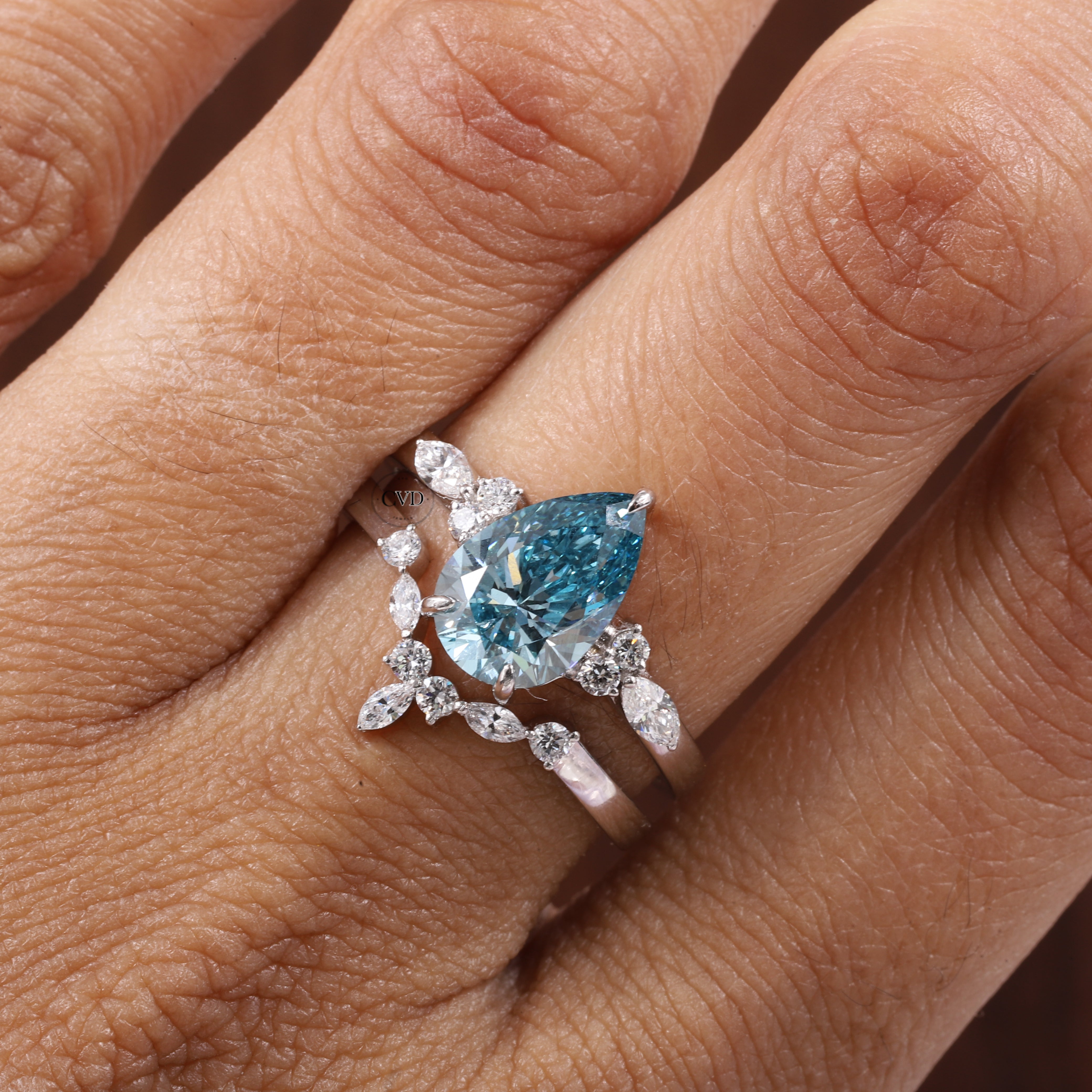 2 CT Blue Pear Cut Lab Grown Diamond Ring, Matching Curved Band
