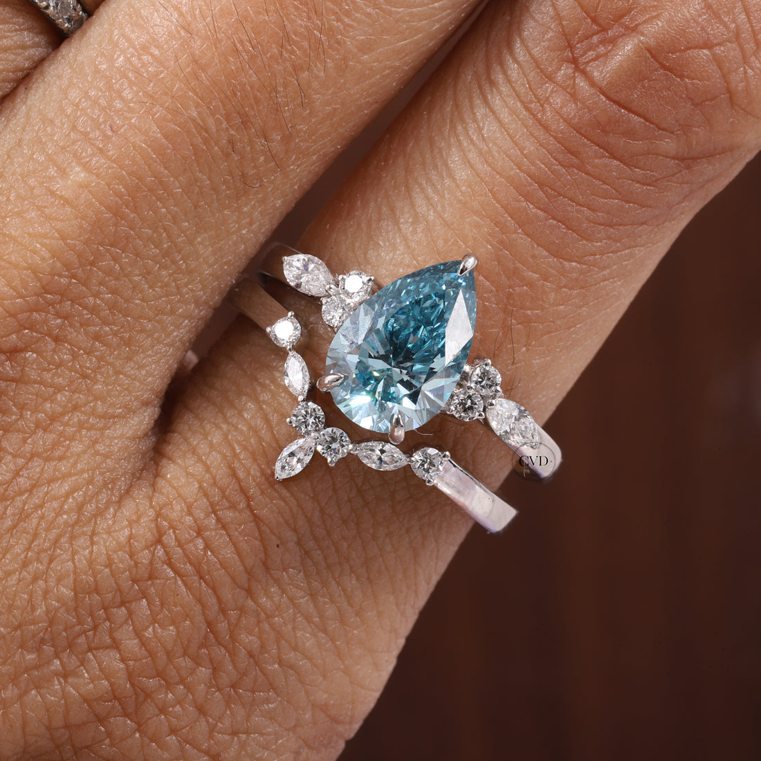 2 CT Blue Pear Cut Lab Grown Diamond Ring, Matching Curved Band
