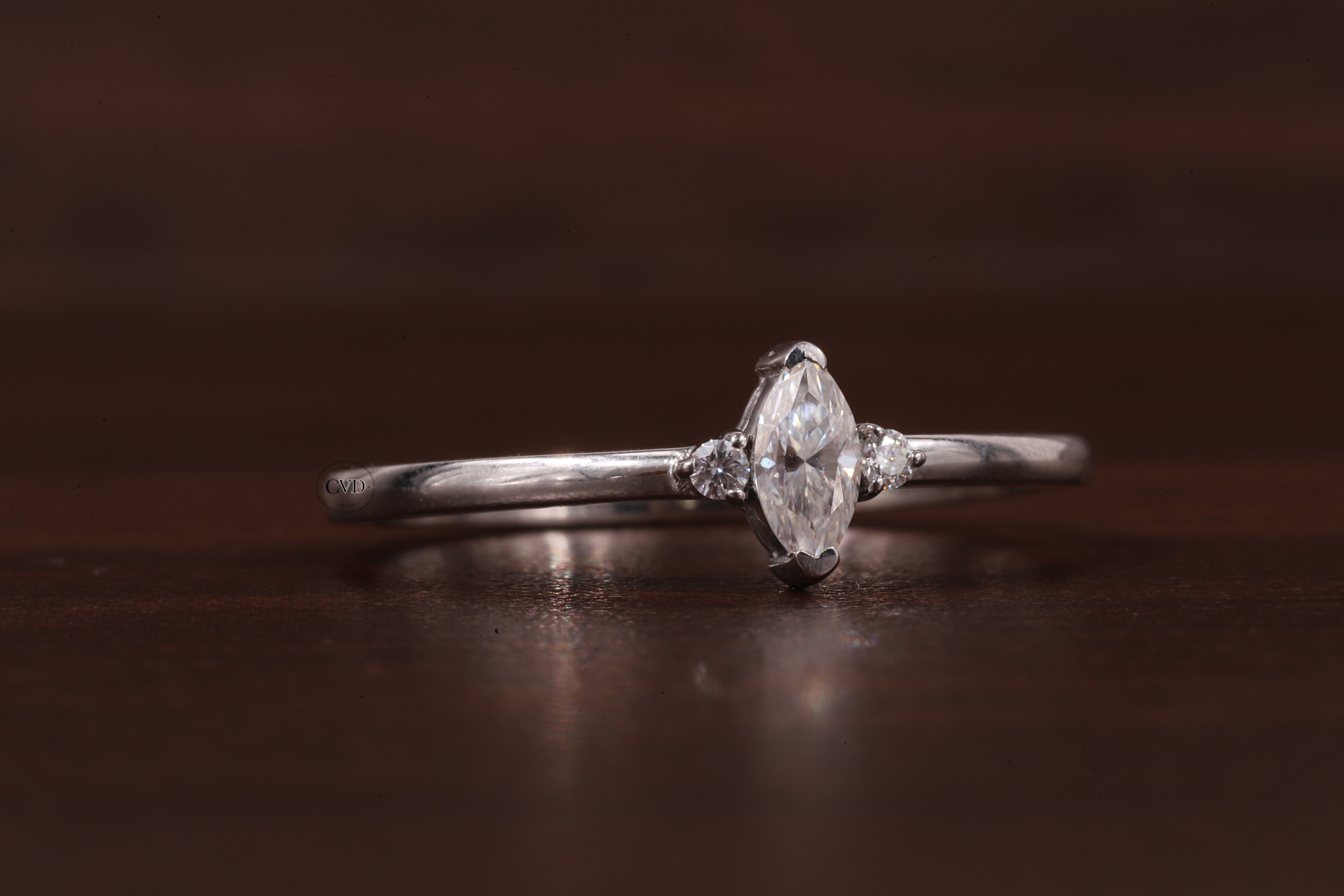 Three Stone Lab Grown Diamond Engagement Ring,Marquise & Round