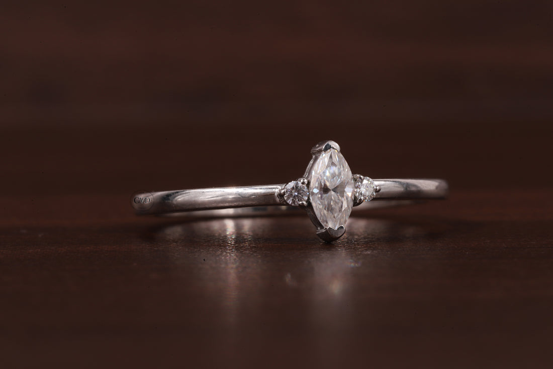 Three Stone Lab Grown Diamond Engagement Ring,Marquise & Round