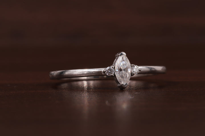 Three Stone Lab Grown Diamond Engagement Ring,Marquise & Round