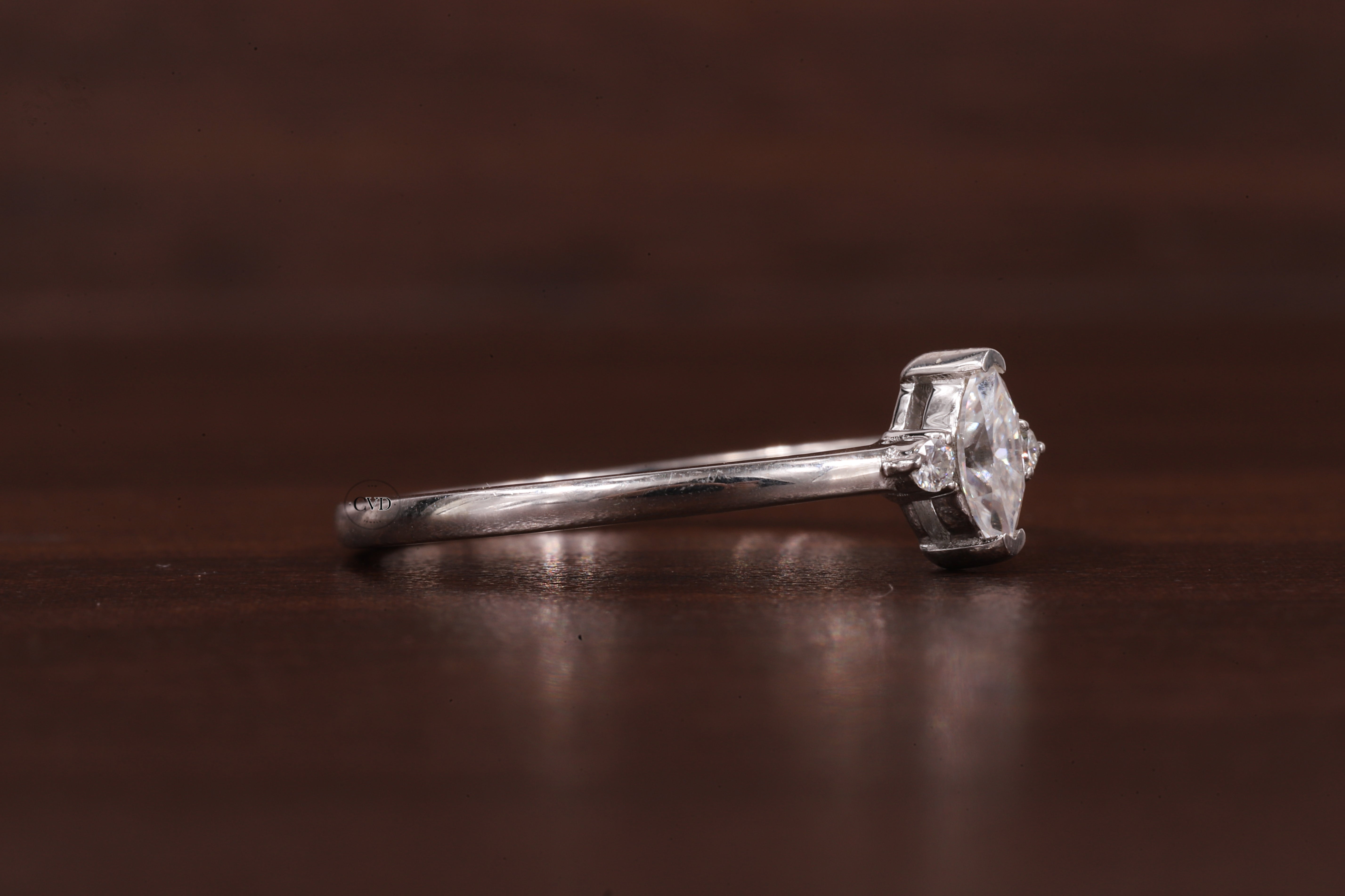 Three Stone Lab Grown Diamond Engagement Ring,Marquise & Round