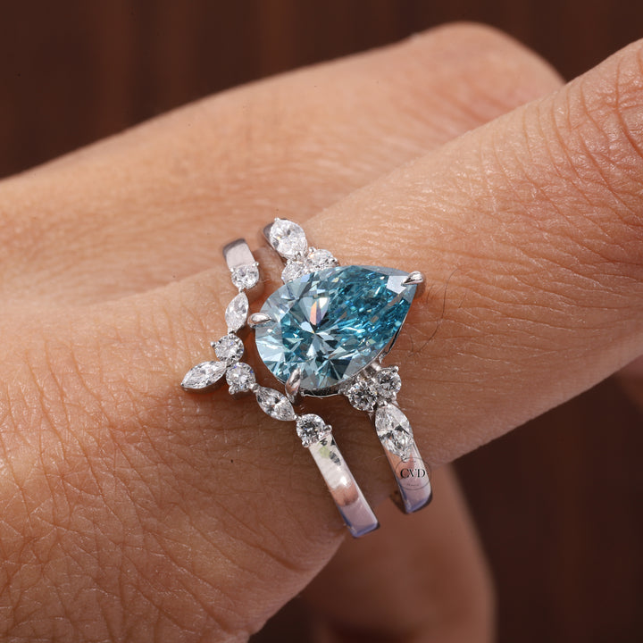 2 CT Blue Pear Cut Lab Grown Diamond Ring, Matching Curved Band