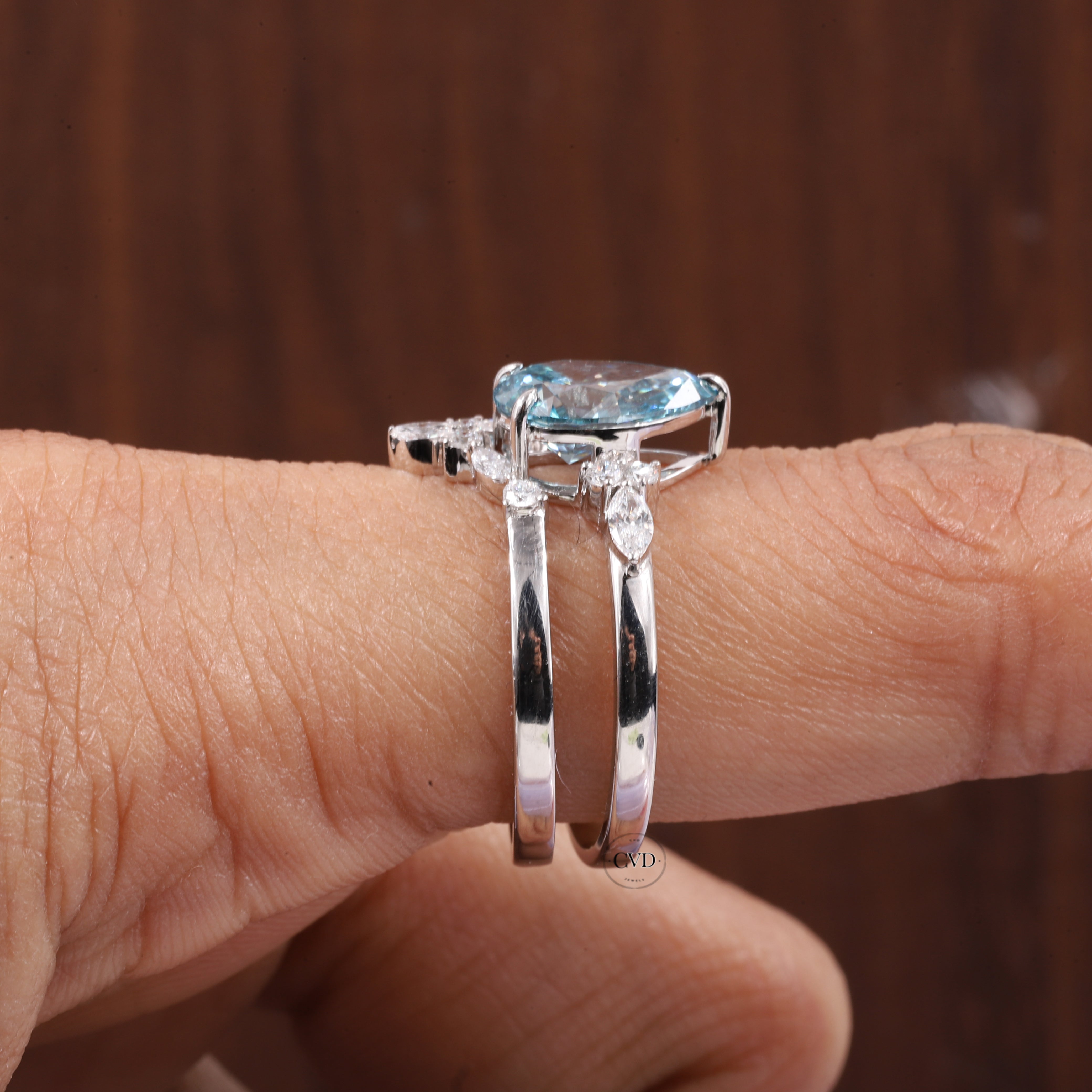 2 CT Blue Pear Cut Lab Grown Diamond Ring, Matching Curved Band