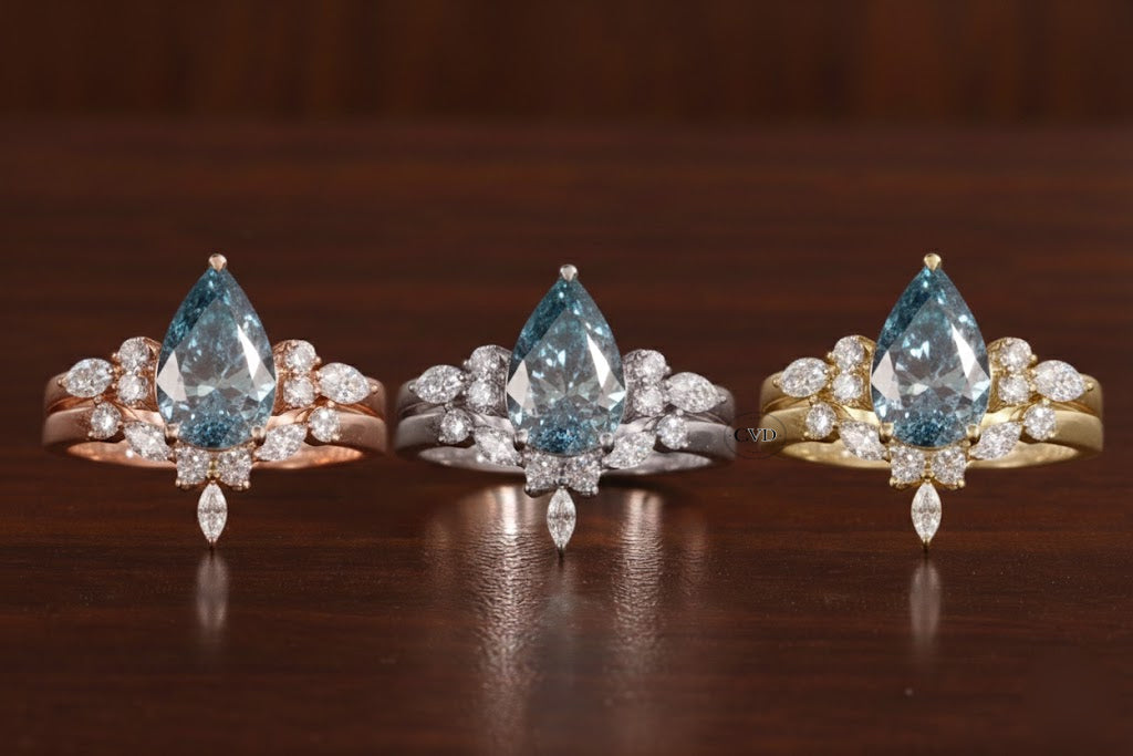 2 CT Blue Pear Cut Lab Grown Diamond Ring, Matching Curved Band