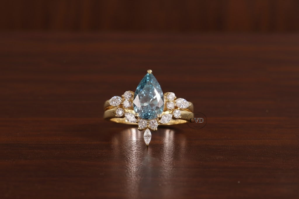 2 CT Blue Pear Cut Lab Grown Diamond Ring, Matching Curved Band