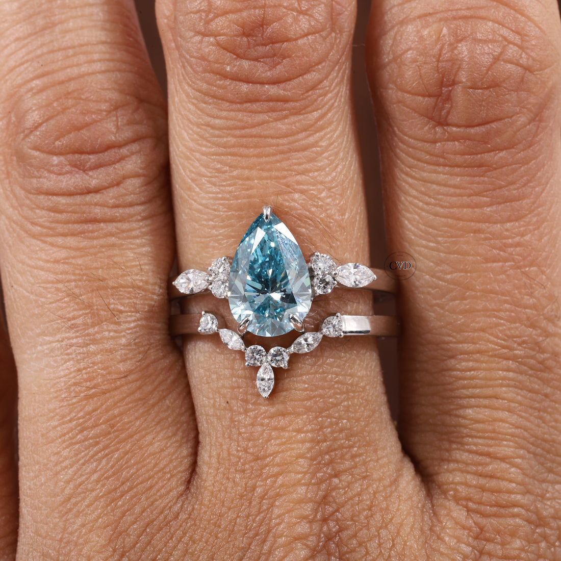 2 CT Blue Pear Cut Lab Grown Diamond Ring, Matching Curved Band