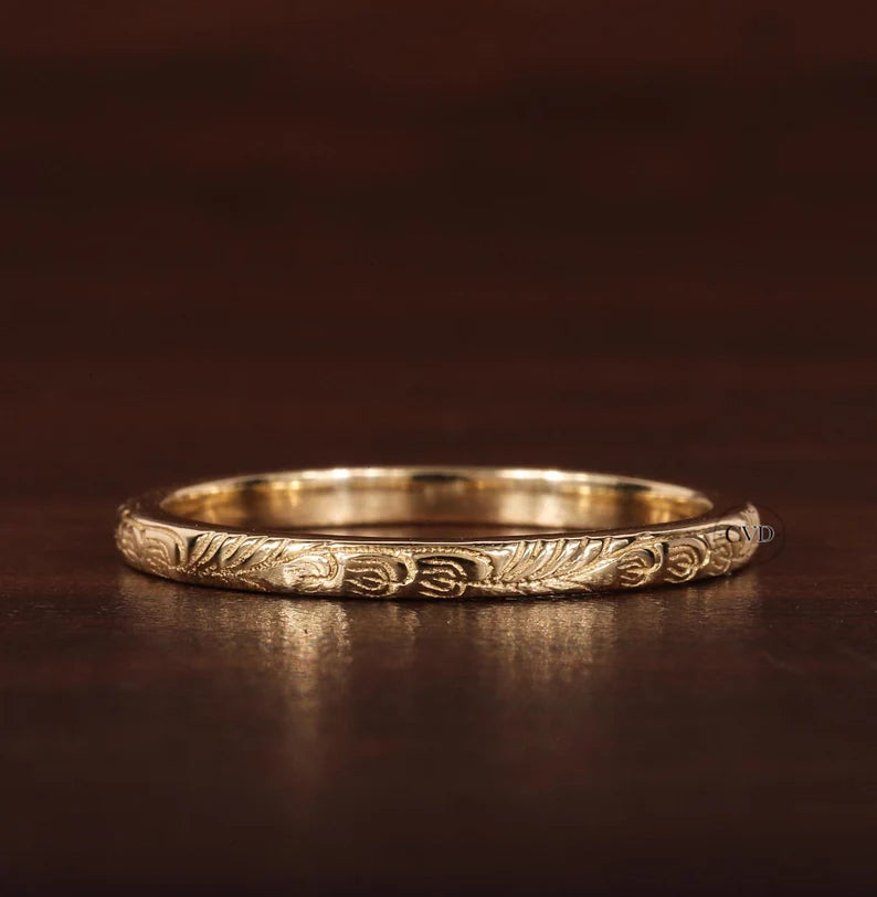 Gold Floral Band, Minimal Band Ring Wedding Band, Stacking Ring, Floral Pattern Ring