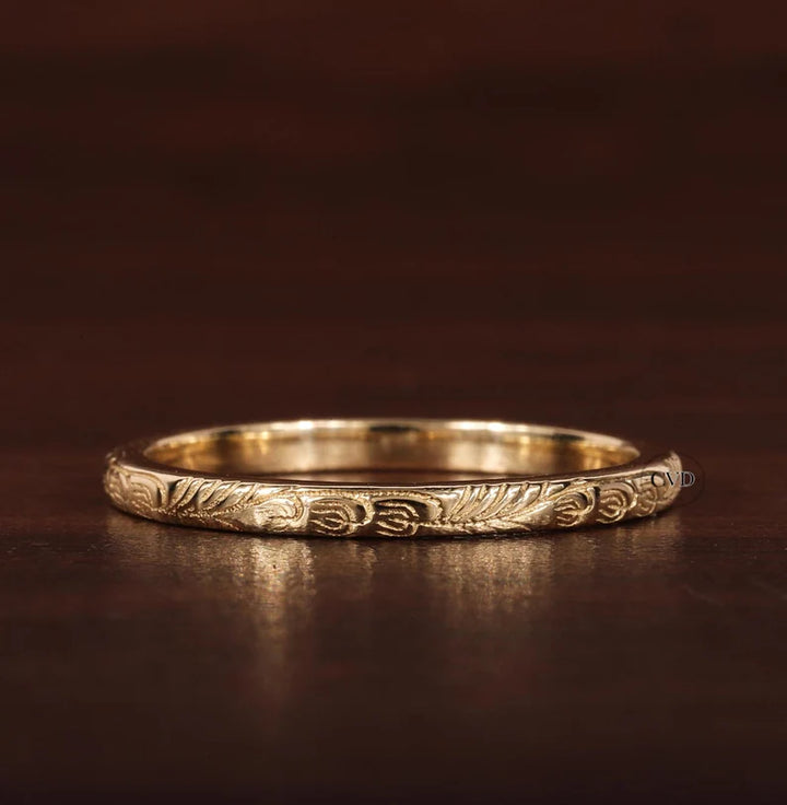 Gold Floral Band, Minimal Band Ring Wedding Band, Stacking Ring, Floral Pattern Ring