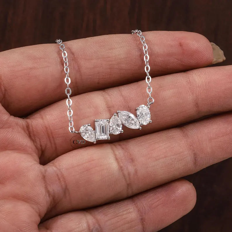 Multi Shape Moissanite Necklace, Pear Marquise Oval Emerald Cut Pendant,