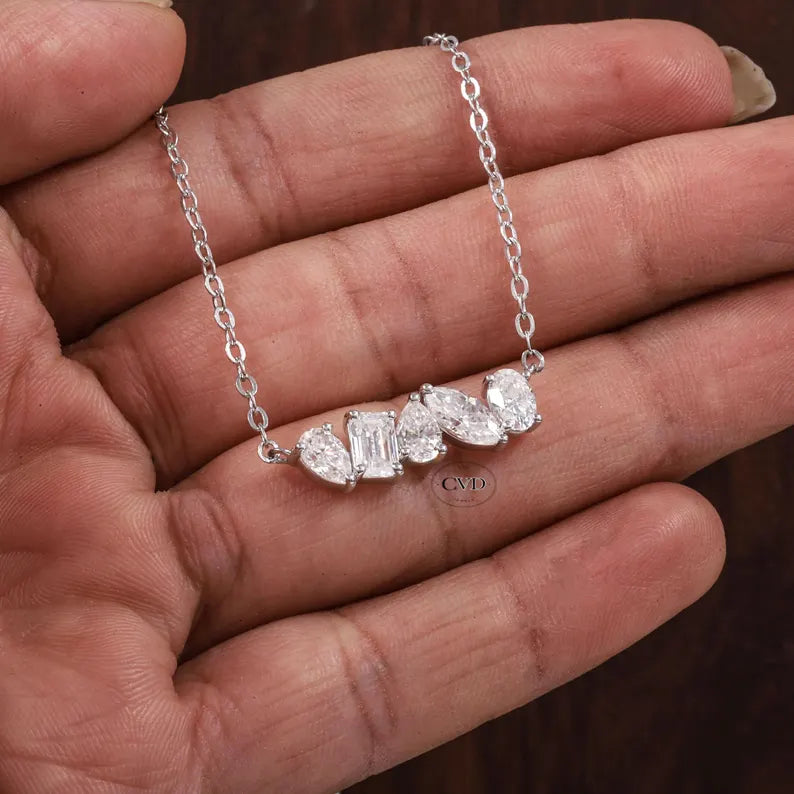 Multi Shape Moissanite Necklace, Pear Marquise Oval Emerald Cut Pendant,