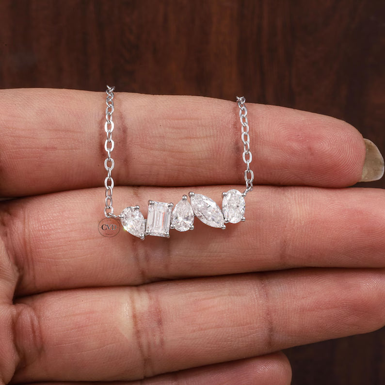 Multi Shape Moissanite Necklace, Pear Marquise Oval Emerald Cut Pendant,