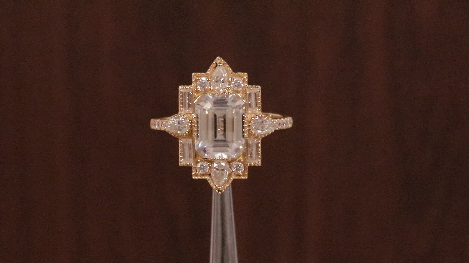 Emerald Cut Lab Grown Diamond Ring, Sunburst Halo,Art Deco Bridal Ring
