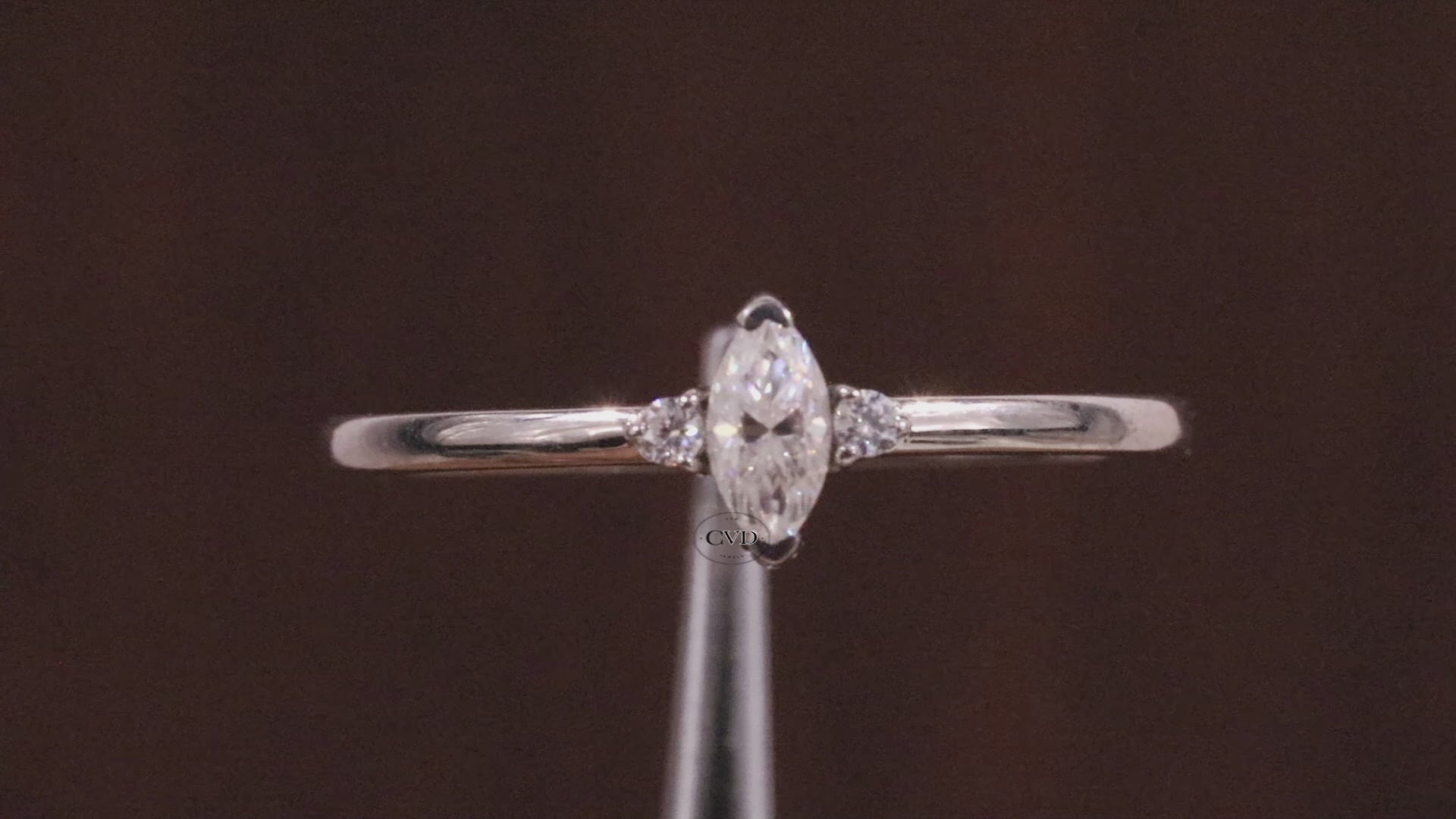 Three Stone Lab Grown Diamond Engagement Ring,Marquise & Round