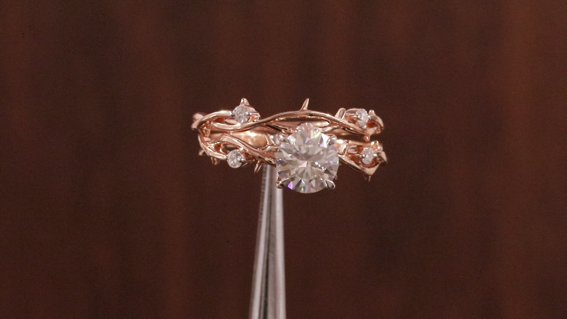 Nature Inspired Round Moissanite Engagement Ring Set in Rose Gold | Vine Leaf Bridal Ring Set