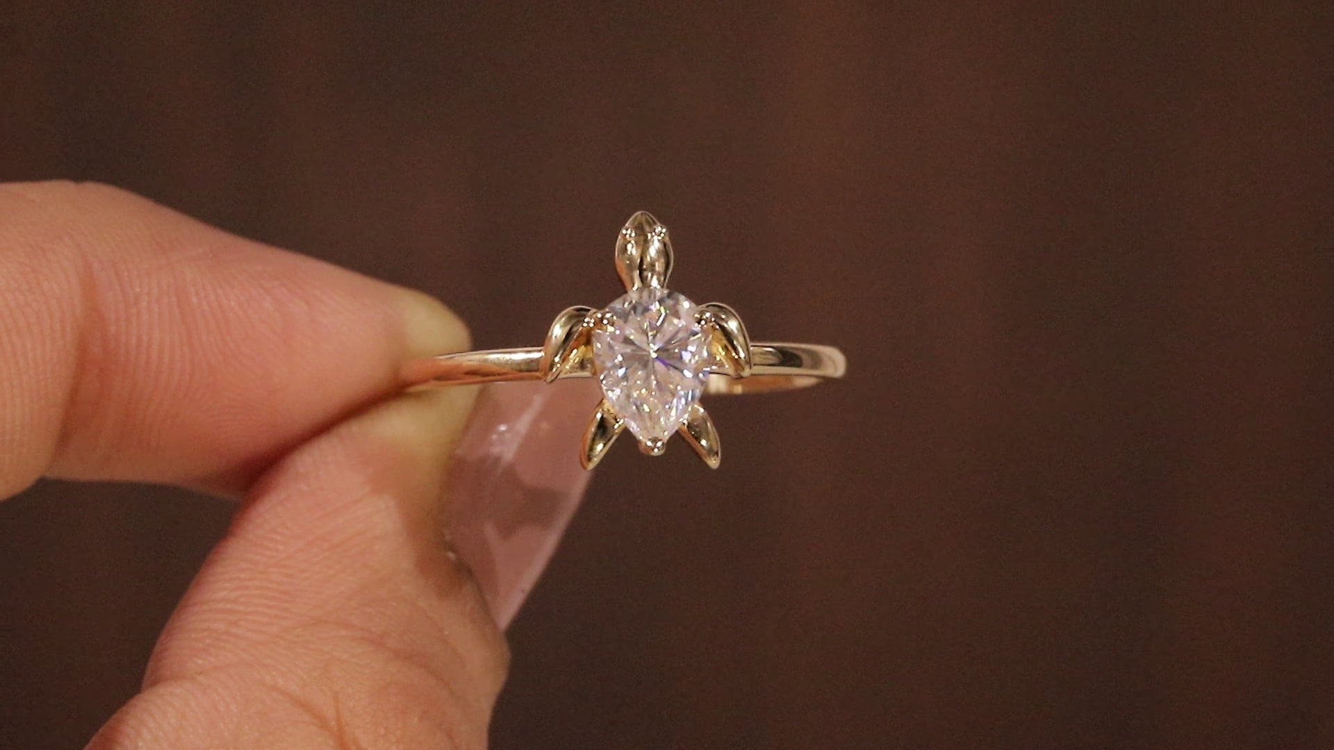 14k Gold Tortoise Ring, Solid Gold Turtle Ring, Dainty Pear Moissanite Ring