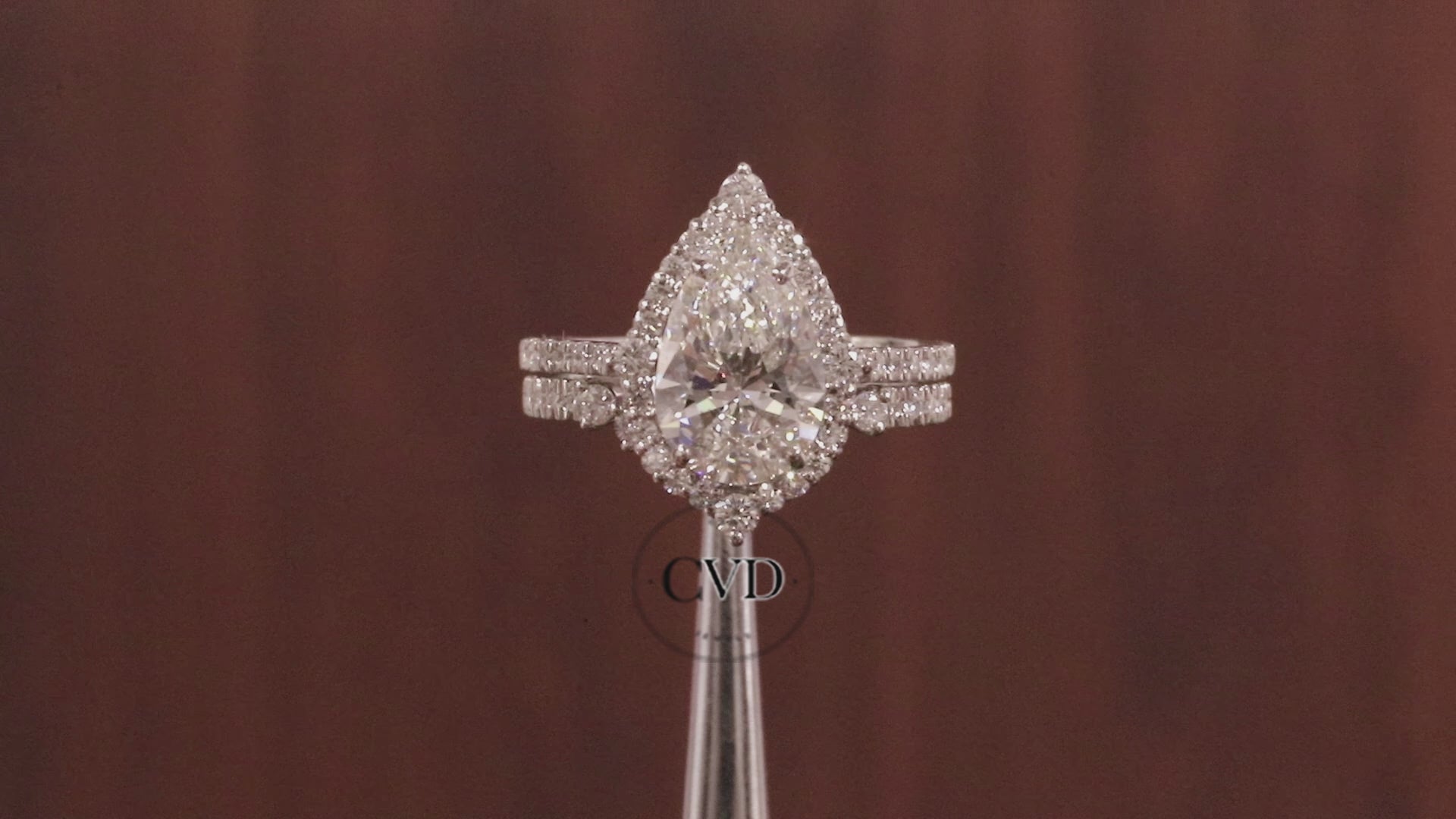Round Curve Stacking Band With 2.5 CT Pear Lab Grown Diamond , Pear Halo Ring