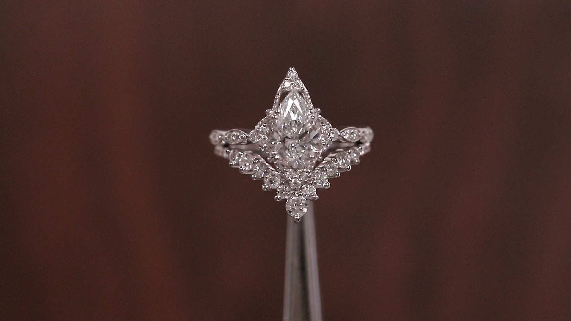 Vintage Moissanite Engagement Ring Set White Gold Pear Shaped Cluster